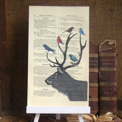 Stag with Birds Vintage Print